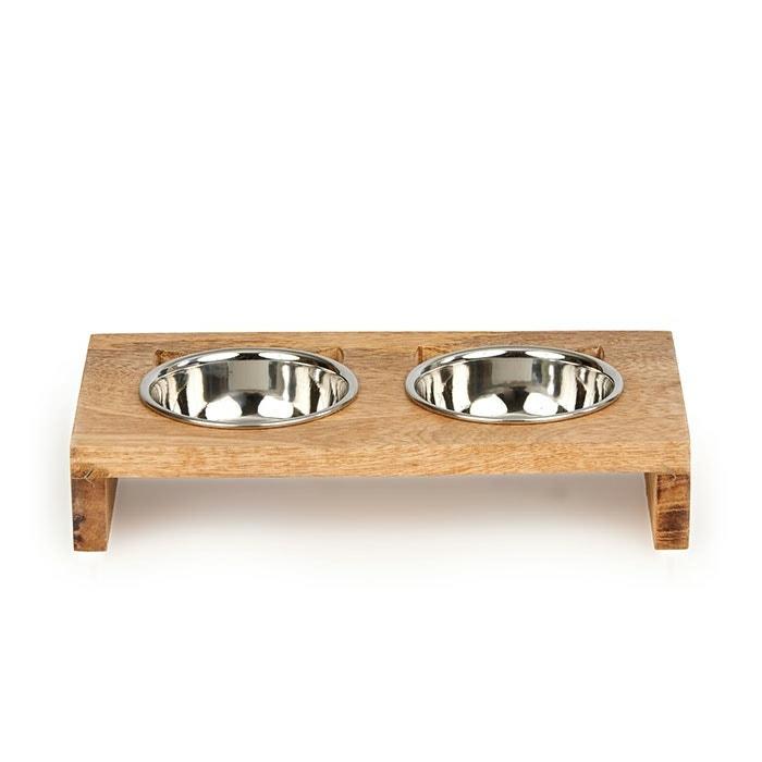 Cat Ear Wooden Double Diner Stainless Steel Cat Bowl Cat