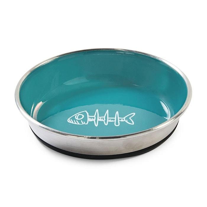 Cat Enamel Fish Bone Bowl Turquoise Cat