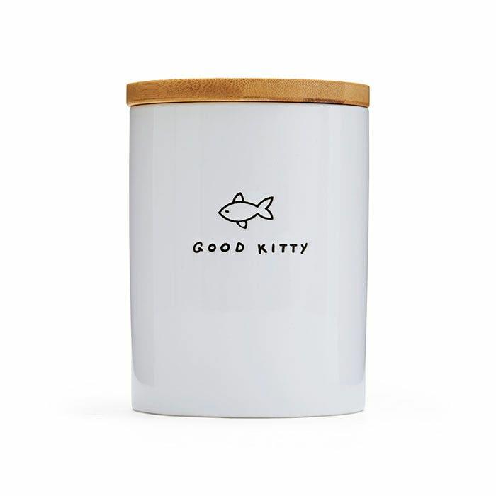 Ceramic Good Kitty Fish Cat Treat Jar White Cat