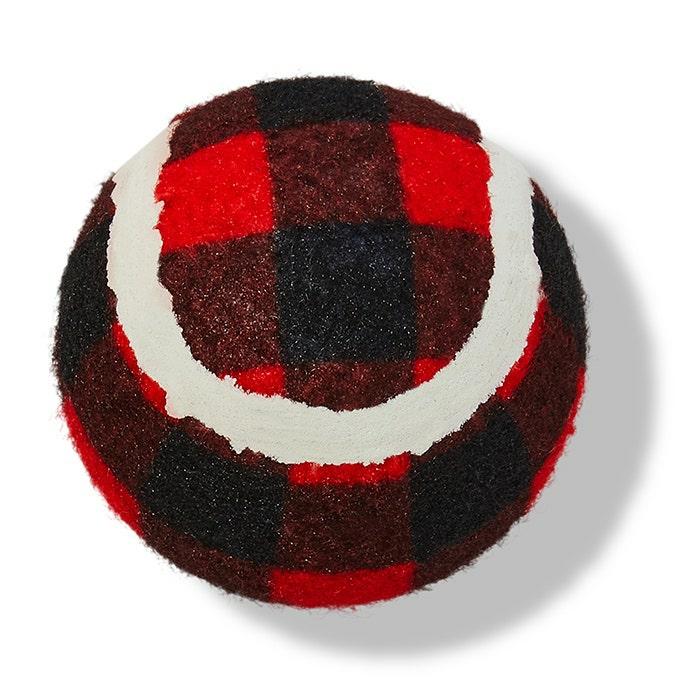 Checkered Fetch Ball Dog Toy Red Black Dog