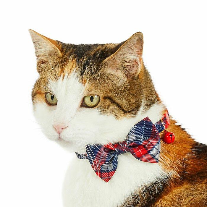 Plaid Breakaway Cat Collar W/Bow Red Navy 20-30Cm Cat