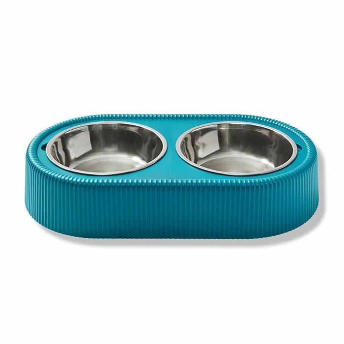 Plastic & Stainless Steel Double Diner Pet Bowl Teal Dog