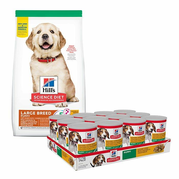 Science Diet Large Breed Puppy Food 12Kg & Stewed Chicken & Vegetables Puppy Can 363Gx12 Dog