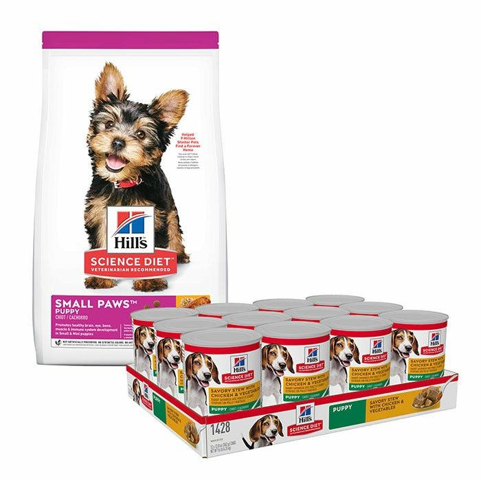 Science Diet Small Paws Puppy Food 1.5Kg & Stewed Chicken & Vegetables Puppy Can 363Gx12 Dog