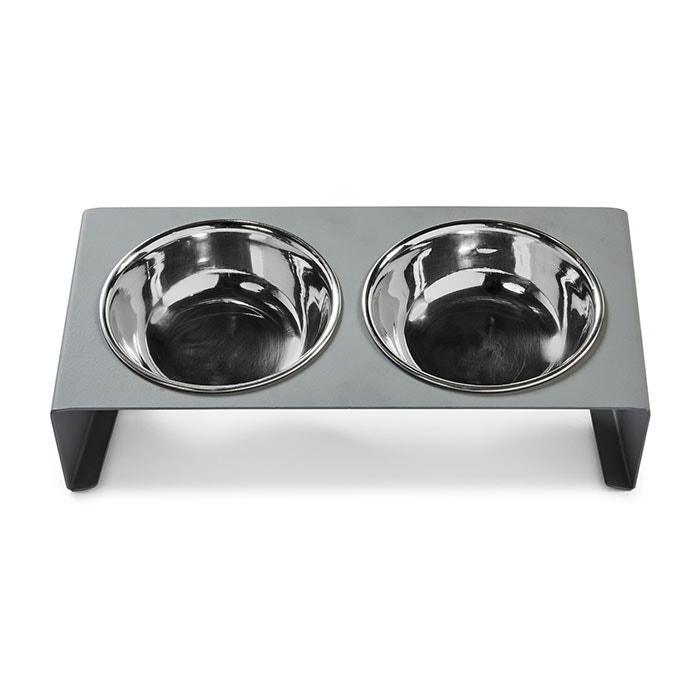 Slanted Metal Double Diner Cat Bowl Grey Cat