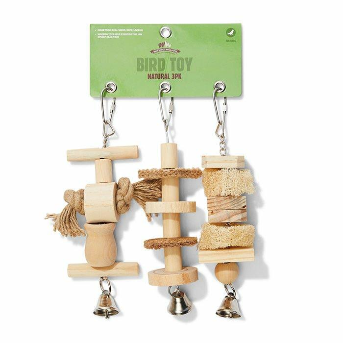 Wood With Bells Rope & Loofah Bird Toy 3Pk Bird